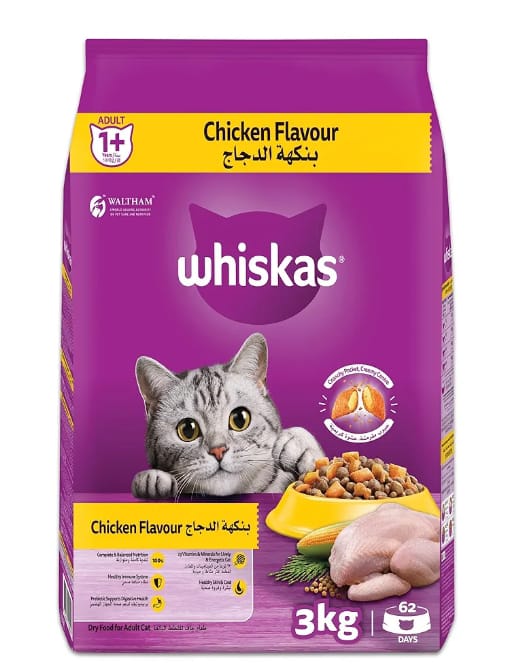 Whiskas Chicken Flavor Dry Cat Food, Bag of 3Kg, for Adult Cats 1+ Years