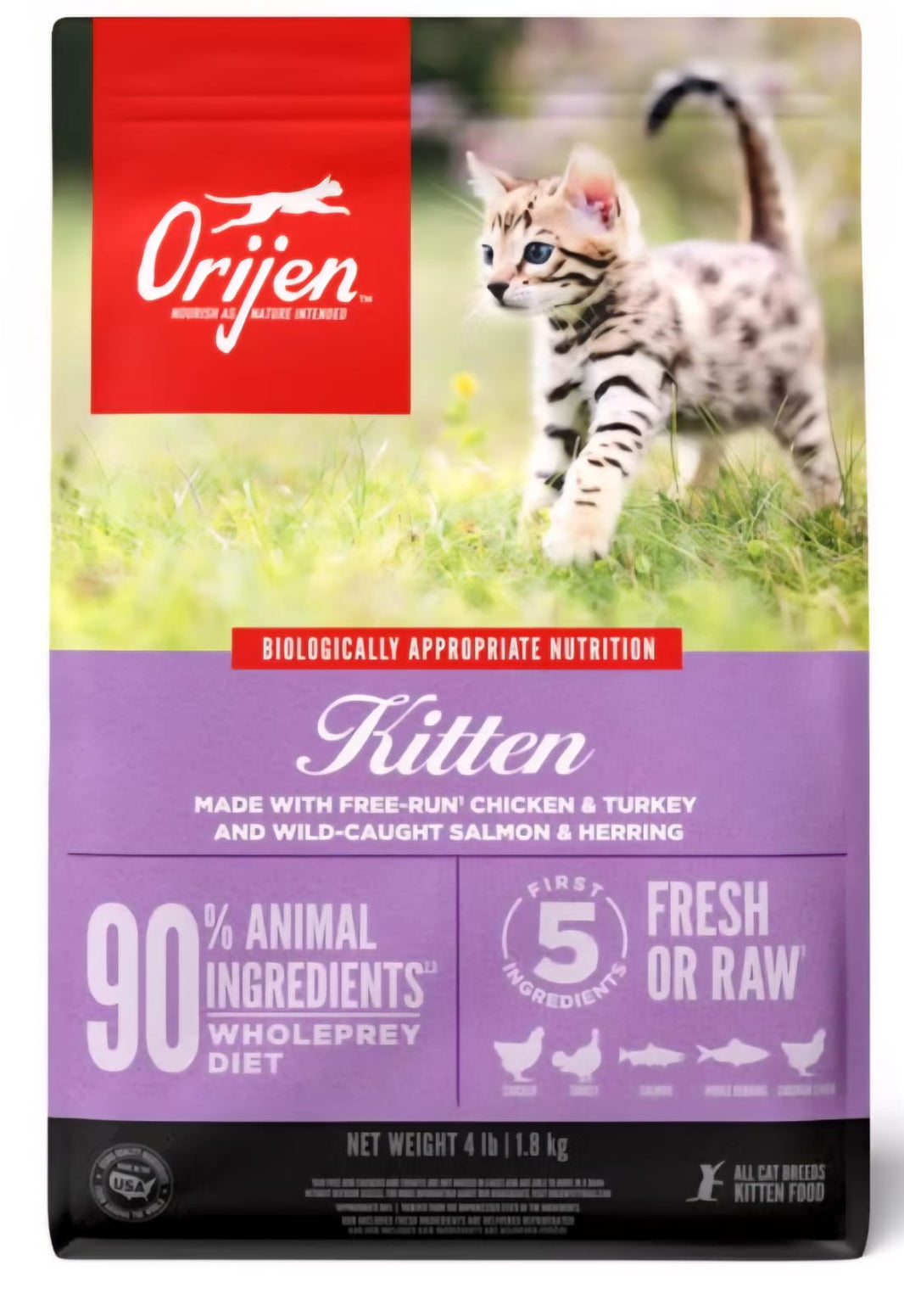 Orijen Kitten Dry Food – Fresh or Raw Chicken, Turkey & Wild-Caught Fish (1.8 kg)