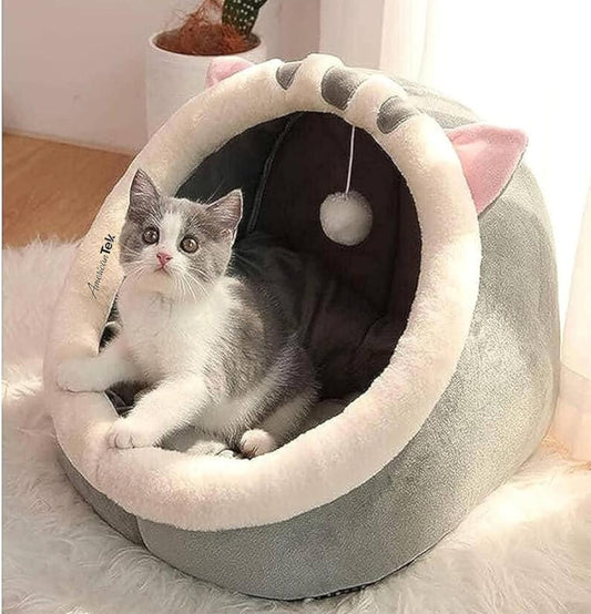 American Tek Cat Bed,Cat house, Bed with Removable Cushion,Anti-Slip Base, Perfect for Cats & Small Dogs, Calming Comfort with Hanging Toy, Machine Washable, 48x44x42cm